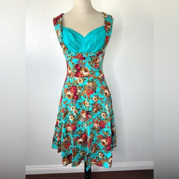 LINDY BOP Ophelia Turquoise Floral Print Swing Dress Midi Fit & Flare Size XS - Picture 3 of 14